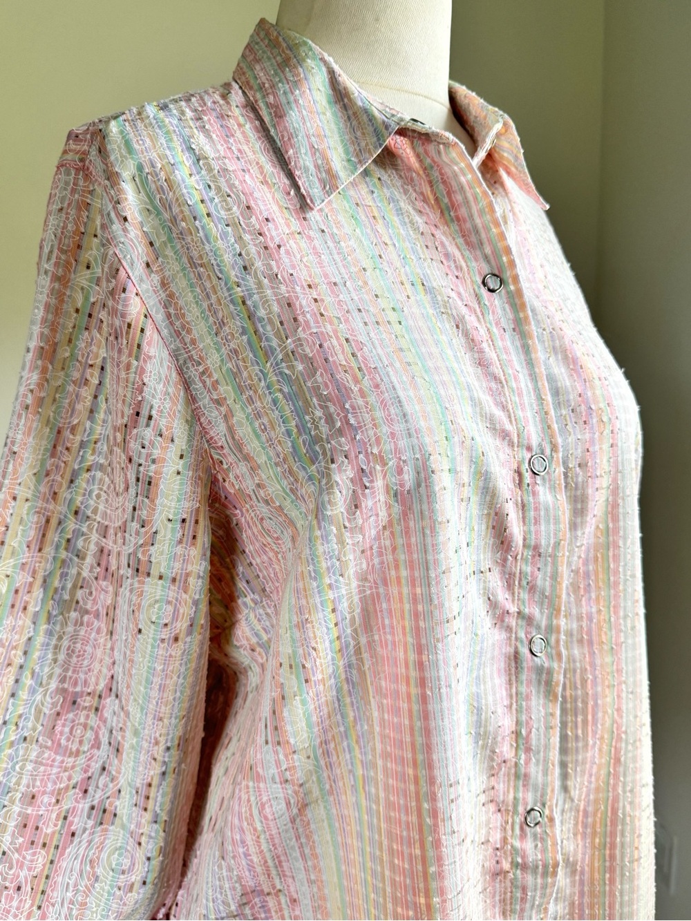 Vintage 90s Pastel Stripe Textured Paisley Button Front Top Very Unique Fabric
